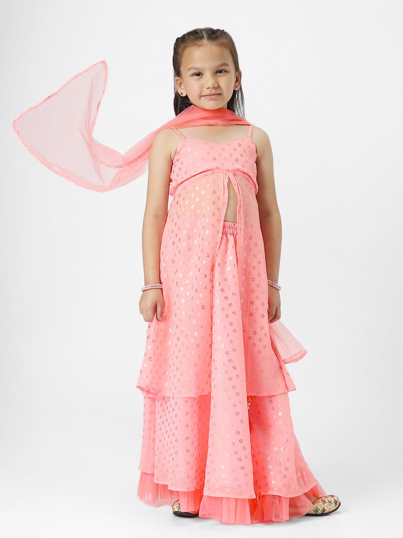 Nautinati Girls' Georgette Blend Ready-to-wear All-over Gold Toned Foil Print Lehenga & Blouse with Net Dupatta - Image 5